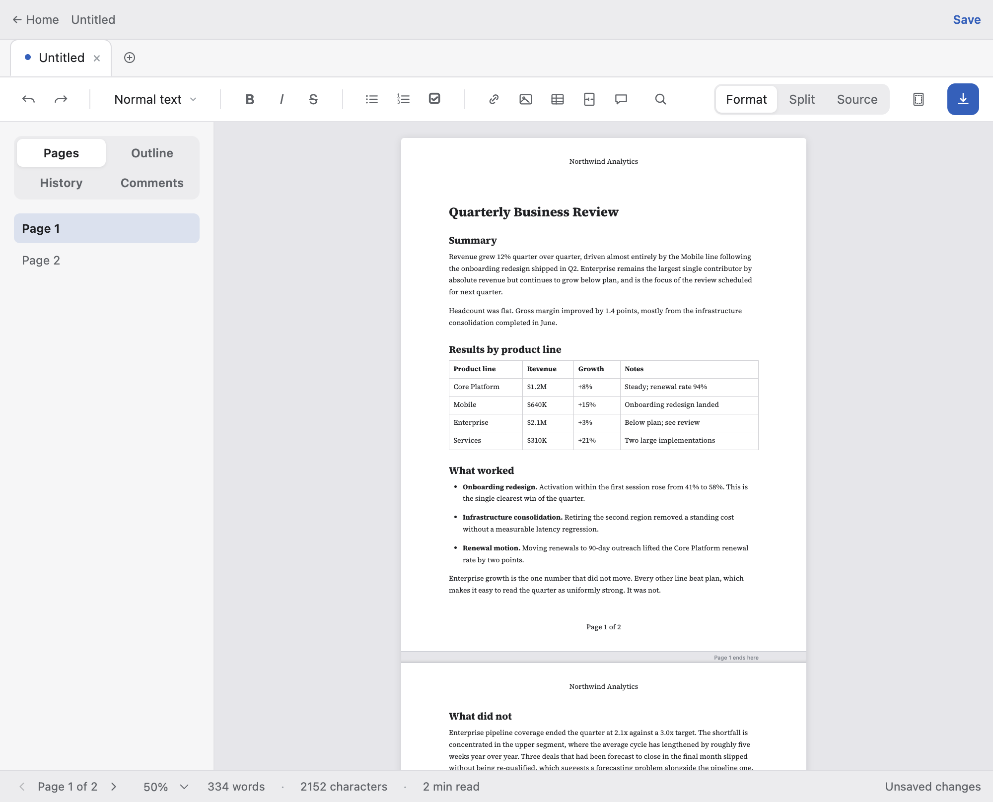 Format mode, showing a full page and the boundary where page 1 ends