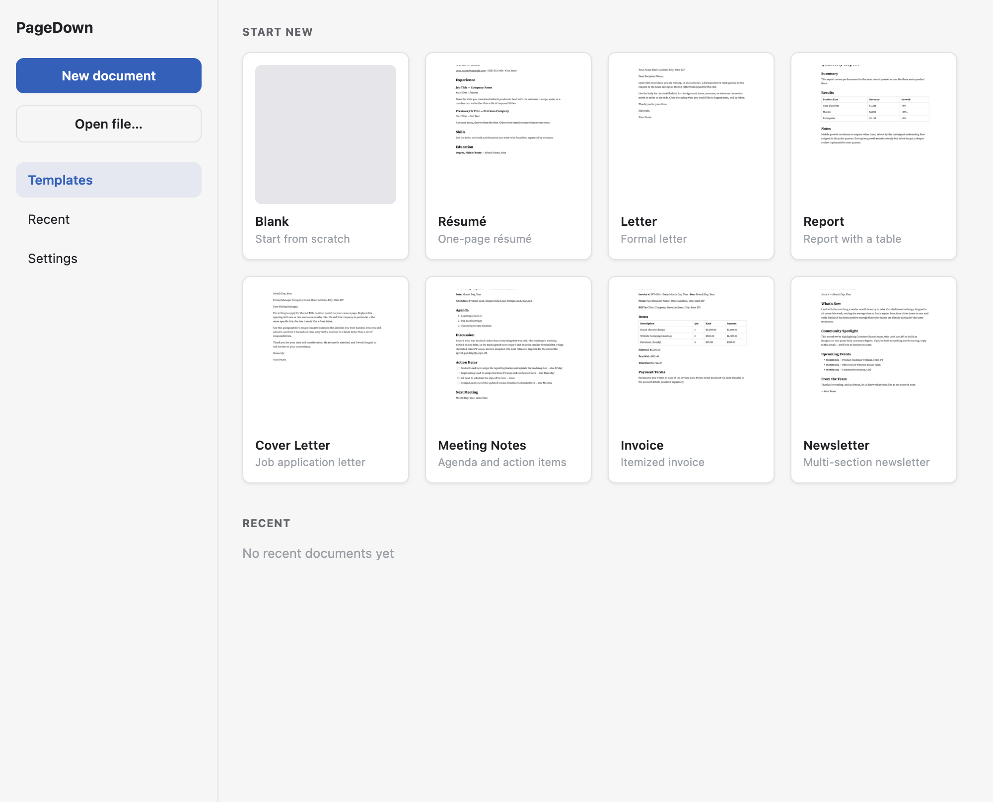The home screen showing eight document templates
