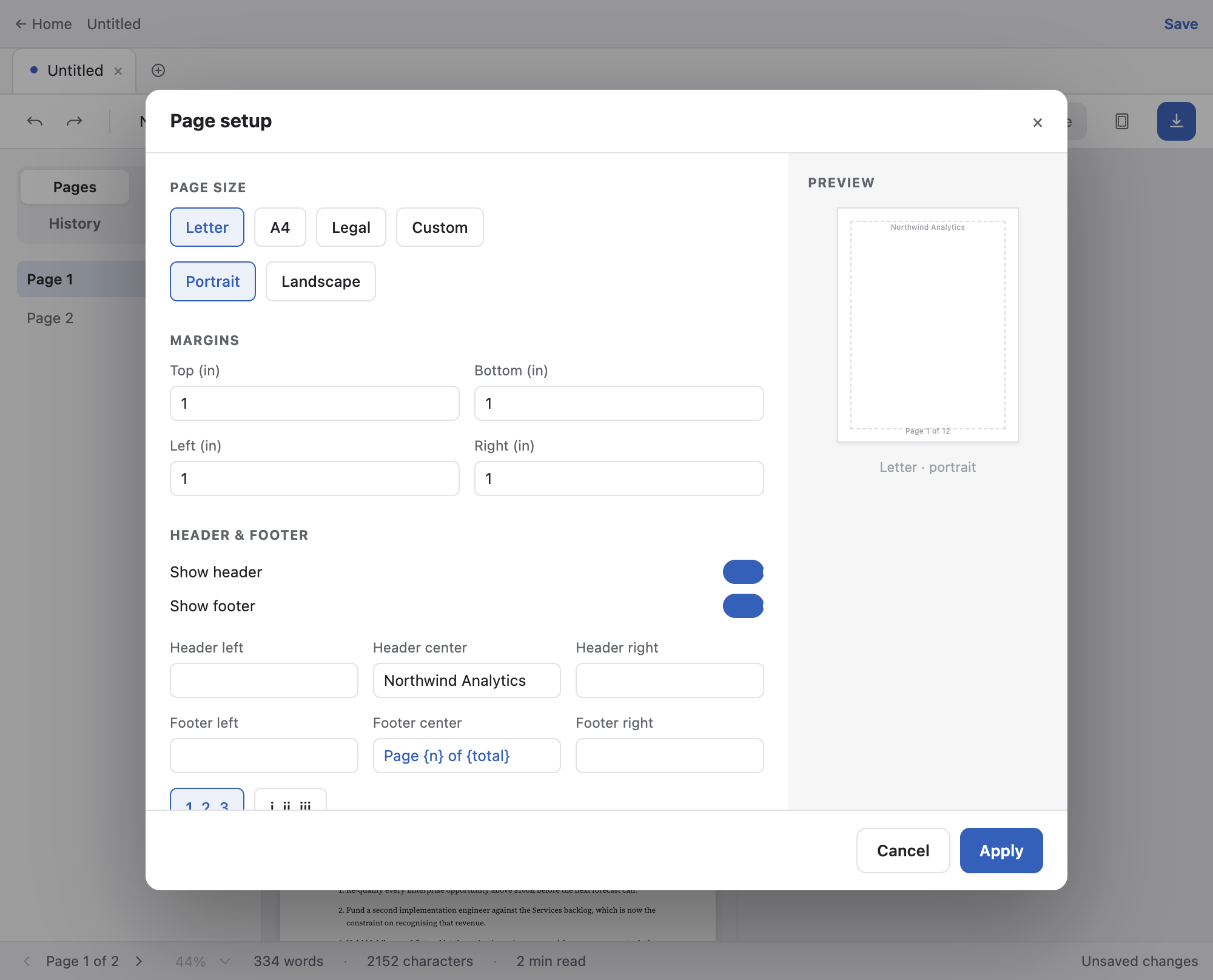 The Page Setup dialog
