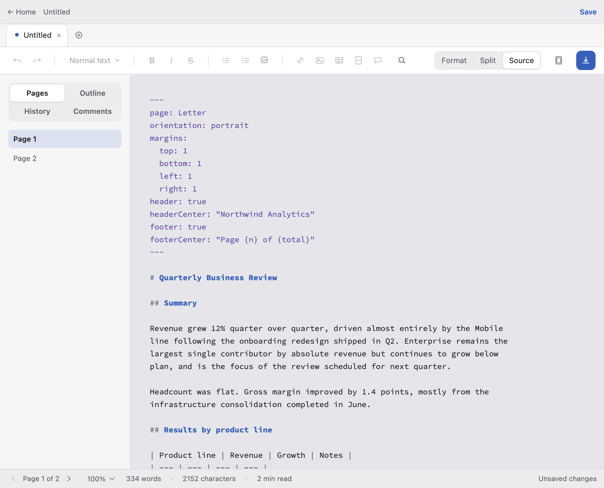 Source mode, showing raw Markdown with syntax highlighting
