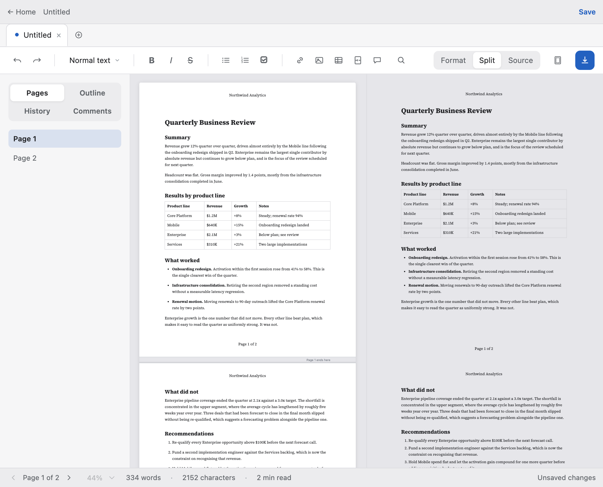 PageDown in Split mode — the editor on the left, live paginated preview on the right